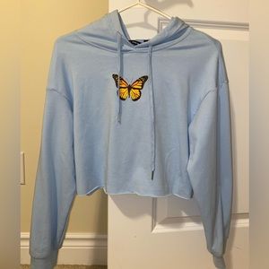 Drop Shoulder Butterfly Print Drawstring Hoodie